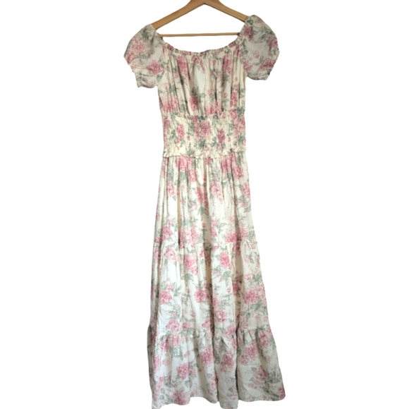 Trixxi Floral Maxi Dress Size Small - Pink Rose Print Off Shoulder Boho Dress NW - Picture 3 of 12